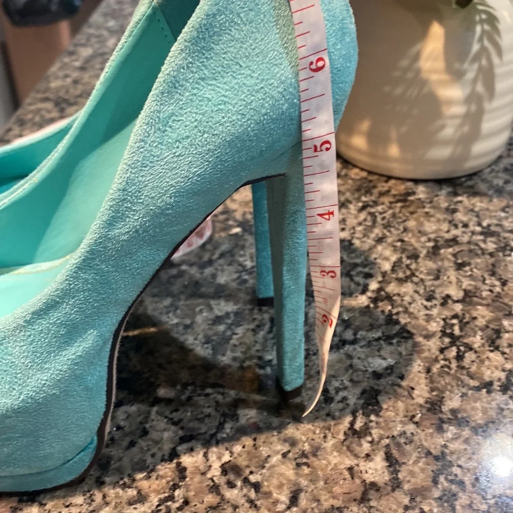PAPRIKA Turqoise Suede Open toe 4+ inch heels. Gently worn twice. Size 7!